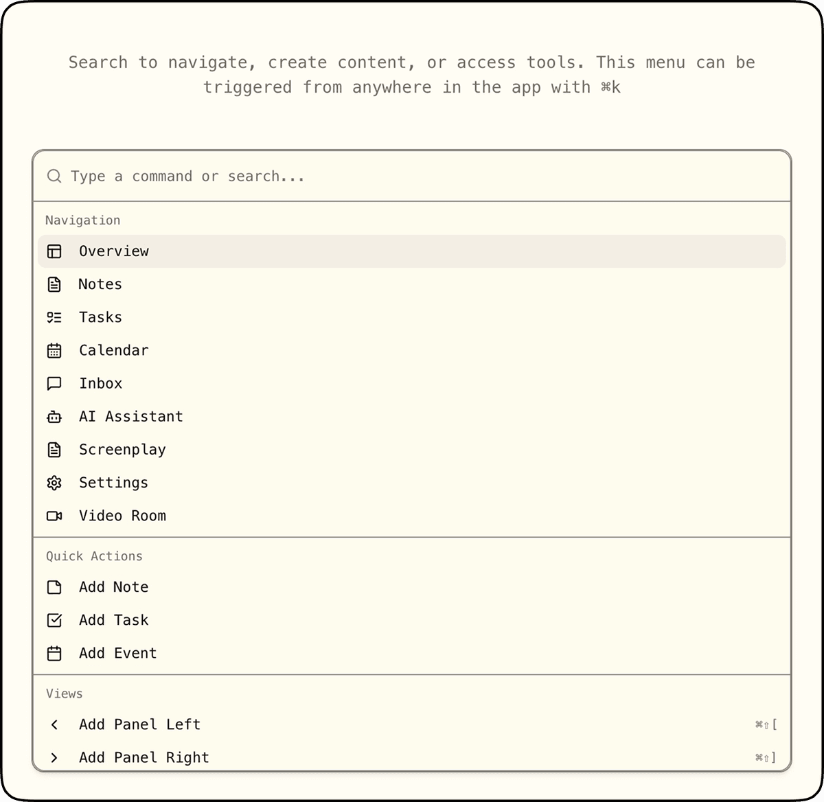 command k menu screenshot